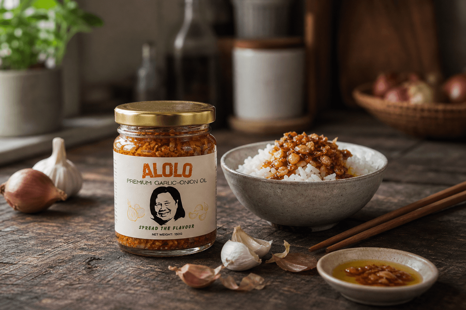 Alolo Premium Garlic-Onion Oil in a rustic kitchen
