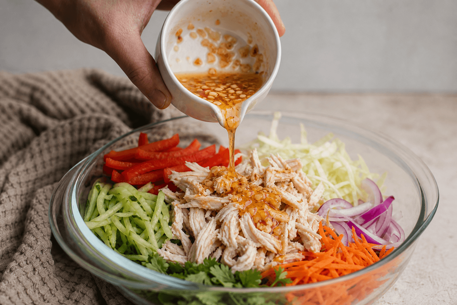 Pouring Alolo garlic-onion oil over salad