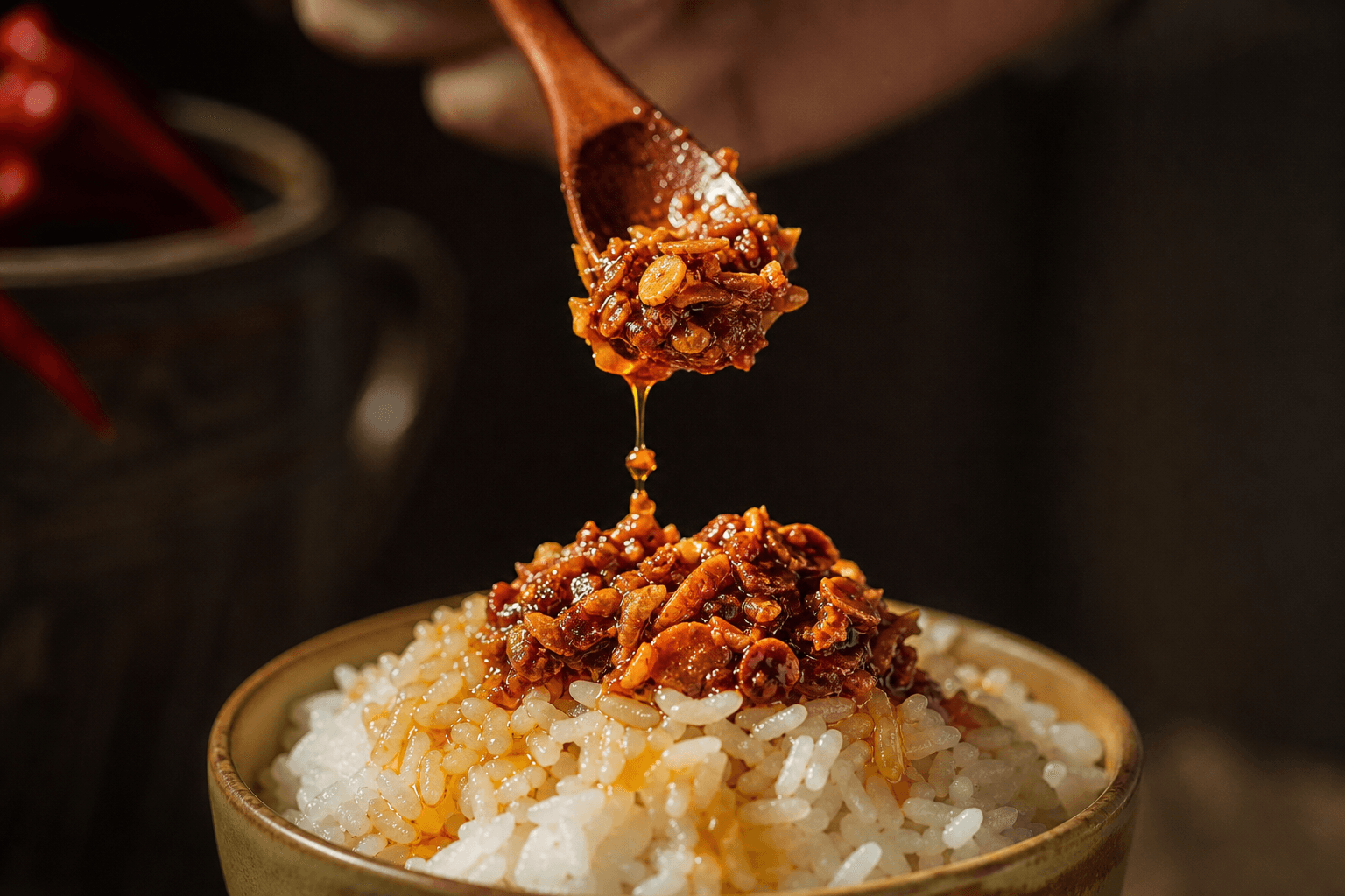 Spooning Alolo garlic-onion oil over rice